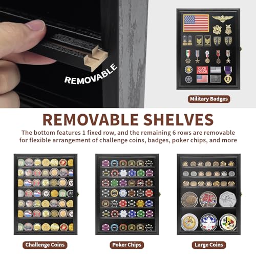 Challenge Coin Display Case, 7 Rows Lockable Military Coin Display Cabinet with UV Acrylic Door, Removable Shelves & Felt Background, Large Shadow Box - size: XL-7 Rows