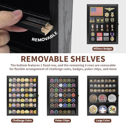 Challenge Coin Display Case, 7 Rows Lockable Military Coin Display Cabinet with UV Acrylic Door, Removable Shelves & Felt Background, Large Shadow Box - size: XL-7 Rows