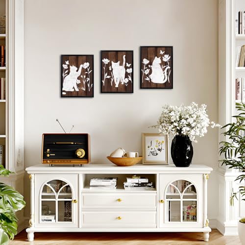LoveHouse Framed Cat Wall Art Brown and White Cat Silhouette Canvas Set with Flowers & Butterflies, Rustic Farmhouse Artwork for Bathroom Kid's Room Bedroom Cat Lover Wall Decor