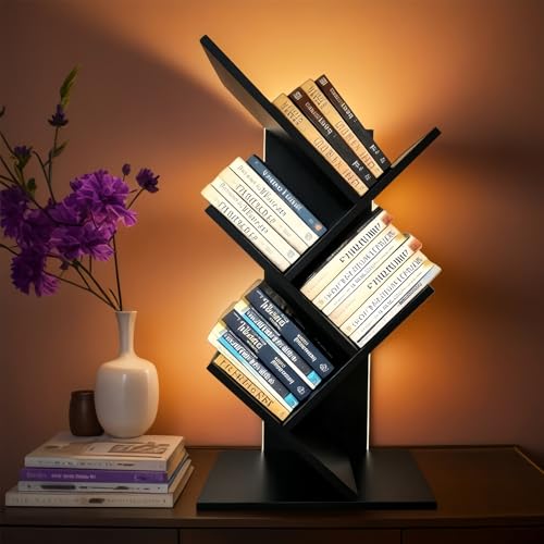 Godferyxin Bookshelf with Liting,Small Bookshelf LED and Desktop Book Shelf Light for Office, Home or School Mini Bookcase for Wood Displaying Books, CDs, Magazines Wood Shelf Rack - color: 5tier-bookshelf Liting Black