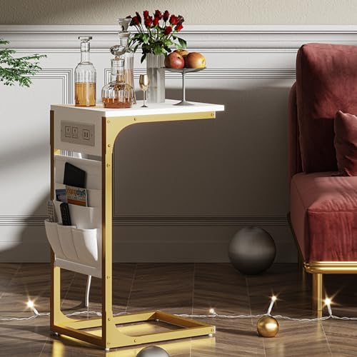 TUTOTAK C Shaped End Table with Charging Station, Side Table for Sofa, Couch Table with Storage Bag, TV Tray Table with 2 USB Ports and Outlets for Living Room, Bedroom, White and Gold TB01BWG024 - color: White and Gold, size: 1 Pack (11.8"W), style: With