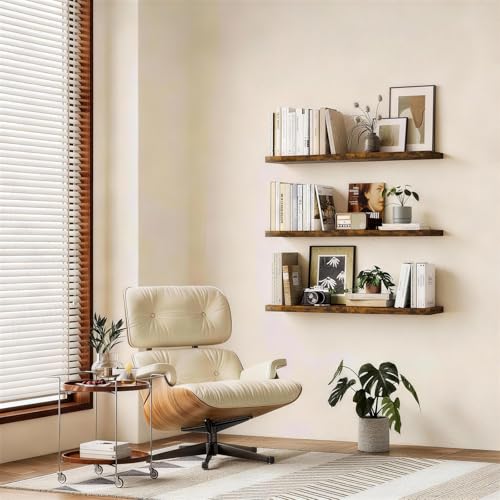 BAYKA Floating Shelves for Wall, Set of 3, 22.5 Inch Rustic Wood Wall Mounted Shelving for Bathroom, Bedroom, Living Room or Kitchen, Hanging Display Decor Book Shelf with 22 lbs, Rustic Brown - color: B. Rustic Brown - Americana Farmhouse Style, size: 22