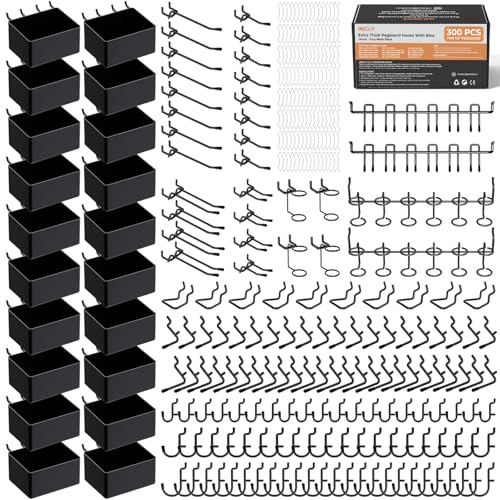 INCLY 300PCS Extra Thick Pegboard Accessories, 1/4" Heavy Duty Pegboard Hooks with Bins & Peg Locks, Peg Board Organizer Accessories Kit for Garage Wall Attachments Hanging Tools