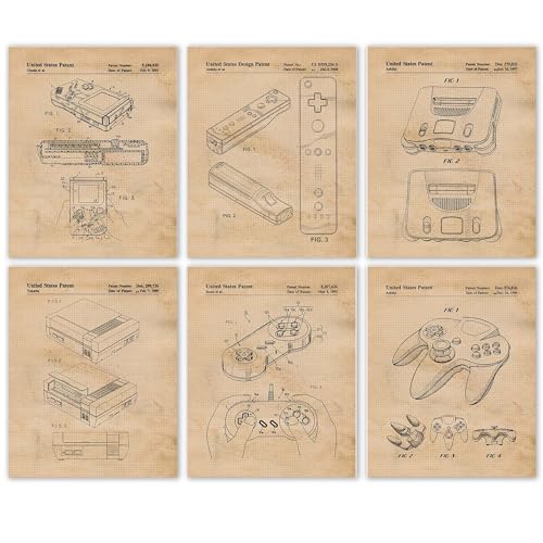 Classic Video Game Console Controller Patent Prints, 6 (8x10) Unframed Photos, Wall Art Decor for Home Work Office Studio Tech Lounge Robotics Gears Online Battle Royales Gaming Shop School Student Teacher - color: Beige