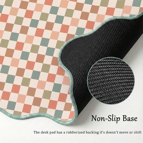 Scalloped Desk Mat Extended Large Cute Mouse Pad XXL Aesthetic Desk Pad Boho Plaid Mousepad Retro Beige Checkered Mouse Pad for Keyboard Computer Stitched Edges Non-Slip Home Office 31.5X15.7Inch - color: Multi, size: 31.5" x 15.7"