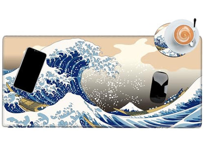 Gaming Mouse Pad Japanese Sea Wave Mousepad 24x12 Desk Pad XL Ocean Desk Mat Long Extended Computer Mat Non Slip Base Big Mouse Mat for Wireless Mouse Laptop Office - color: Sea Wave, size: 24''X12''