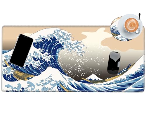 Gaming Mouse Pad Japanese Sea Wave Mousepad 24x12 Desk Pad XL Ocean Desk Mat Long Extended Computer Mat Non Slip Base Big Mouse Mat for Wireless Mouse Laptop Office - color: Sea Wave, size: 24''X12''