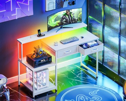ODK Gaming Desk with Led Lights & Power Outlet, 48 Inch Computer Desk with Drawers, Office Desk with Large Display Storage Shelves, Reversible Desk with Monitor Stand for Home, Carbon Fiber White