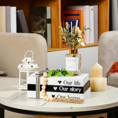Capoda 3 Pcs Decorative Books for Home Decor Farmhouse Faux Stacked Books Wooden Rustic Table Decor with Bead Garland Twine Ribbon Faux Leaf for Table(This is Us) - style: This is us