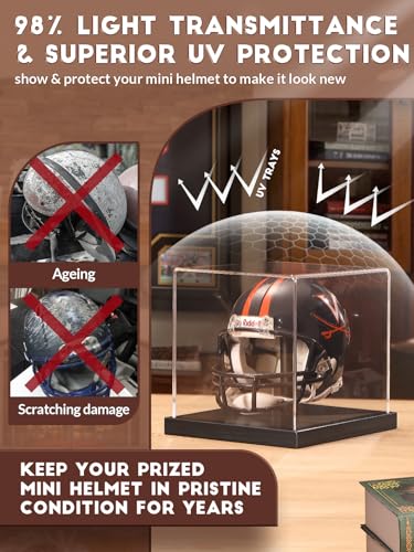 JupDec Mini Helmet Display Case, Acrylic Clear 1/2 Football Baseball Helmet Showcase, UV Protection Souvenirs and Collectibles Box with Solid Wood Base & Riser, Ideal Gift for Sports Enthusiast, Black - size: 1 Pack