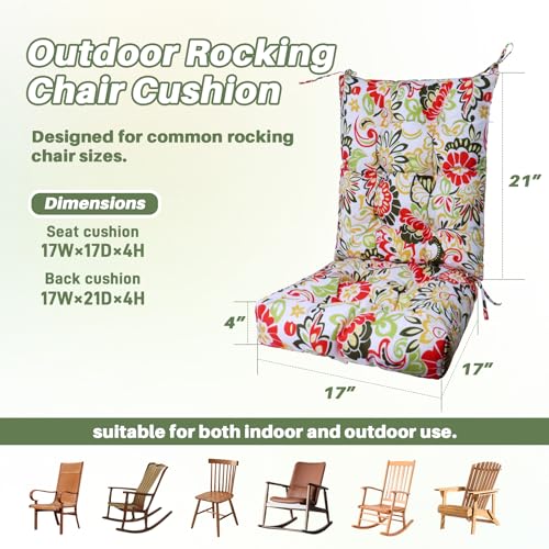 Tropical Rainforest Style Rocking Chair Cushion Set Waterproof Tufted with Ties Non-Slip High Back Chair Pads for Garden Patio Wooden Rockers - color: Waterproof Flowers