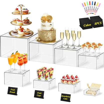 8 Pcs Clear Acrylic Buffet Risers with Mini Sign and Maker,Buffet Risers and Stands Clear Food Display Risers for Buffet Table Party Catering Dessert Cupcake Collectibles (8" 7" 6" 5" 5" 4" 4" 3") - color: 8" 7" 6" 5" 5" 4" 4" 3"