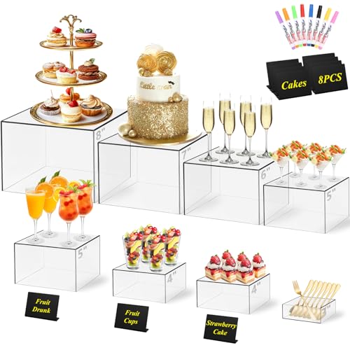 8 Pcs Clear Acrylic Buffet Risers with Mini Sign and Maker,Buffet Risers and Stands Clear Food Display Risers for Buffet Table Party Catering Dessert Cupcake Collectibles (8" 7" 6" 5" 5" 4" 4" 3") - color: 8" 7" 6" 5" 5" 4" 4" 3"