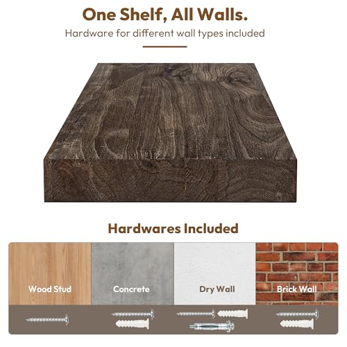 Flat Edge Elm Wood Floating Shelf with Invisible Bracket 24”American Walnut - color: American Walnut, size: 24”,set of 2