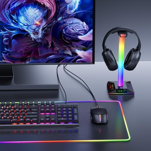 Gaming Headphone Stand PC Accessories - RGB Headset Stand with 2 USB Charger, Cool LED Headphone Holder PC Gaming Accessories for Boys Men Gamers, Computer Game Hardware for Desk - size: 1-tier
