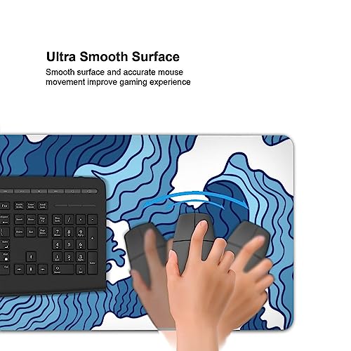 Japanese Blue and White Wave Gaming Mouse Pad XL, Non Slip Rubber Base Mousepad, Stitched Edges Desk Pad, Extended Large Mice Pad,31.5 X 11.8 Inch