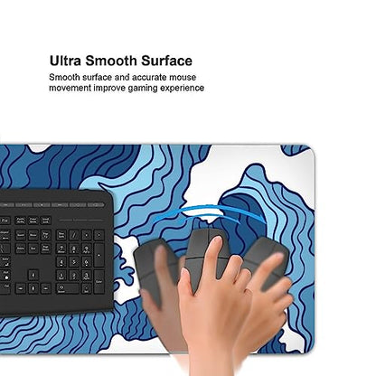 Japanese Blue and White Wave Gaming Mouse Pad XL, Non Slip Rubber Base Mousepad, Stitched Edges Desk Pad, Extended Large Mice Pad,31.5 X 11.8 Inch