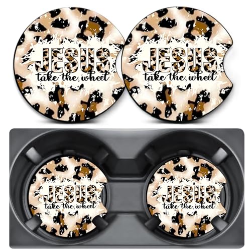 2 Pack Religion Car Coasters for Cup Holders,Neoprene Anti Slip Mat | 2.75" Universal Size,Auto Rubber Drink Coasters Decor Car Accessories Interior Religion Gifts for Women Men - color: Leopard-JESUS