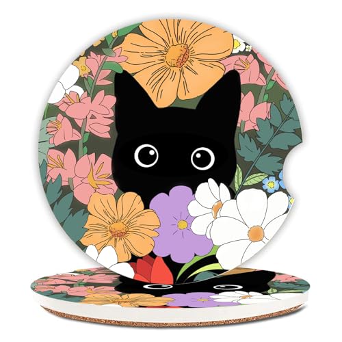 Cute Black Cat Car Coasters for Drinks Absorbent, 2 Pack Cup Holders, 2.56" Ceramic Stone & Non-Scratch Cork Base Coasters, Auto Accessories for Women & Men - color: Cute Black Cat 2
