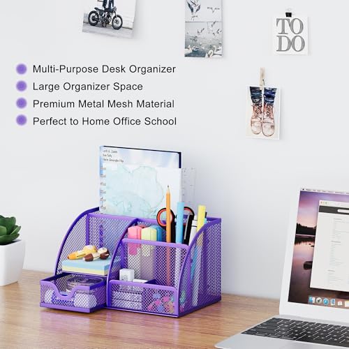 EasyPAG Mesh Desk Organizer with Drawer Multi-functional Pen Holder Stationery Organizer for Office School Supplies 6 Compartments Dorm Organizers and Storage for Desk, Purple - color: Purple