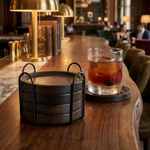 Wood Coasters for Drinks Set of 4 with Holder, Minimalist Table Decor | Rubberwood coasters with holder for everyday drinks, coffee tables, bars, patios, minimalist decor and housewarming gifts
