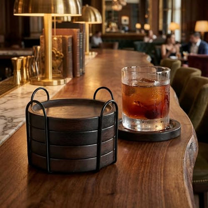 Wood Coasters for Drinks Set of 4 with Holder, Minimalist Table Decor | Rubberwood coasters with holder for everyday drinks, coffee tables, bars, patios, minimalist decor and housewarming gifts