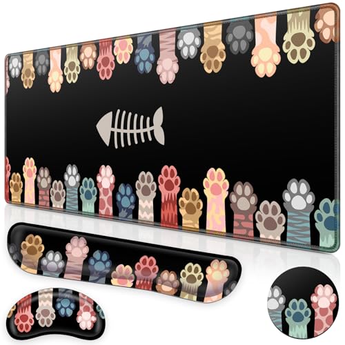 Canjoy Cute Cat Paws Mouse Pad Set, 4-in-1 XXL Large Mouse Pad + Keyboard Wrist Rest Support+ Coaster, (35.4×15.7 in) Extended Desk Pad Memory Foam Non-Slip Desk Mat for Home Office - color: Cat Paws