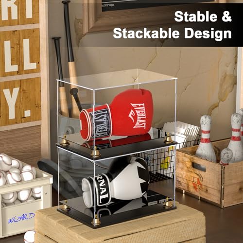 Boxing Glove Display Case, Clear Acrylic Display Box, Self-Assembly Full Size Baseball Glove Holder Showcase, Football Mitt Ball Display Case with Metal Bell Base (14.4x9.3x9.4 inch) - size: 14.4 x 9.3 x 9.4 inch