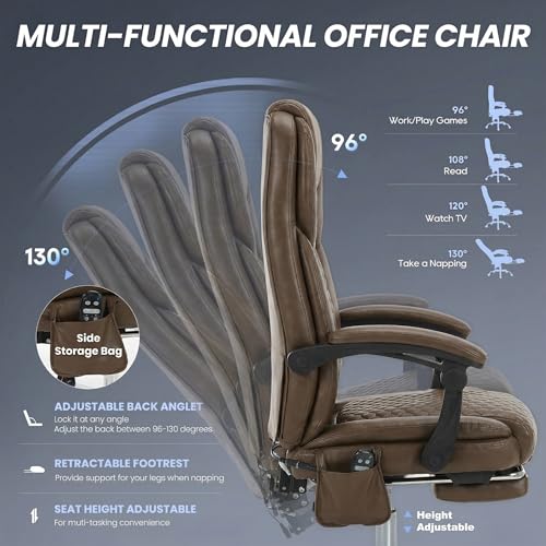 MALOL Massage Office Chair with 3-Level Heat and Footrest – 20-Min Easy Assembly, 300 lbs Big and Tall Reclining Desk Chair, PU Leather Ergonomic Executive Computer Chair with Side Pocket, Brown - color: Brown, size: Set of 1, style: Modern