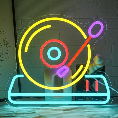 Record Neon Sign for Wall Decor Retro Record Player Neon Light Music Neon Light Sign Dimmable Color Record LED Sign for Bedroom Concert Party Bar Music Studio - color: Color Record