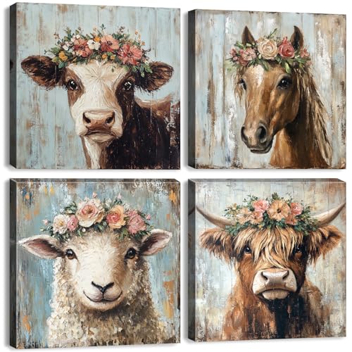 Farmhouse Animals Wall Art Highland Cow Decor for Kitchen Rustic Flowers Cow Sheep Horse Canvas Pictures Country Farm Animal Paintings Artwork for Bathroom Living Room Home Decorations 12x12" 4Pcs - color: Farm Animal, size: 12 x 12 in