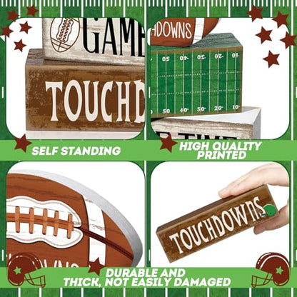 Yuntau 4 Pcs Fall Football Table Decorations Football Tiered Tray Decor Autumn Wooden Blocks Sign Game Time Touchdowns Centerpiece Decorative Faux Book Stack for Coffee Table Fireplace Mantel Shelf - style: Football