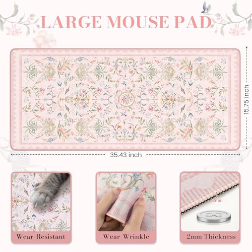 iCasso Pink Desk Cover Mat,Big Mouse Pad for Laptop,Aesthetic Computer Pad with Stitched Edges,Non Slip Keyboard Mat for Desktop,Cute Floral Desk Protector for Office Home Dorm - color: Palace Flowers-pink