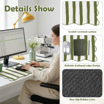 Copkim 1 Pcs Green Scalloped Striped Desk Mat 31.5 x 11.8 Inch Large Cute Mouse Pad Computer Mat Non Slip Waterproof Rubber Base with Border Stitching Soft Keyboard Pad for Home Office Gaming Makeup - color: Green, style: Strip