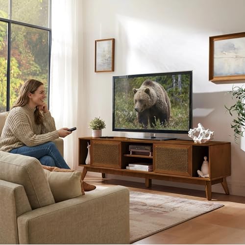 LKTART 68 Inch Mid Century Modern TV Stand with Rattan Doors,MCM Entertainment Center Media Console for 60/65/70/75 inch TVs,Long Boho Television Stand for Living Room,Light Walnut - color: 68" Light Walnut