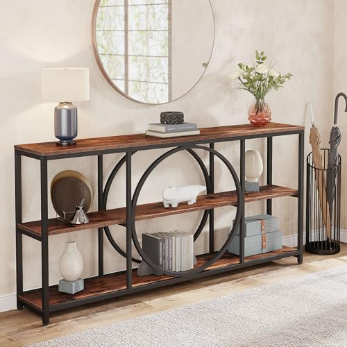 Tribesigns Extra Long Console Table, 70.9 inch Narrow Sofa Tables with 3 Tier Wood Storage Shelves Industrial Metal Frame for Entryway Hallway Living Room Behind Couch, Rustic Brown Black - color: Black Brown