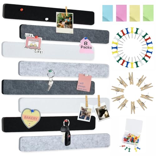 Vuzvuv 8 pcs Bulletin Board Bar Strips with 50 Pushpins & 10 Wooden Clip pins，Self Adhesive Cork Board for Wall，Felt Pin Board for School，Office Decor（Black White Grey） - color: Black White Grey