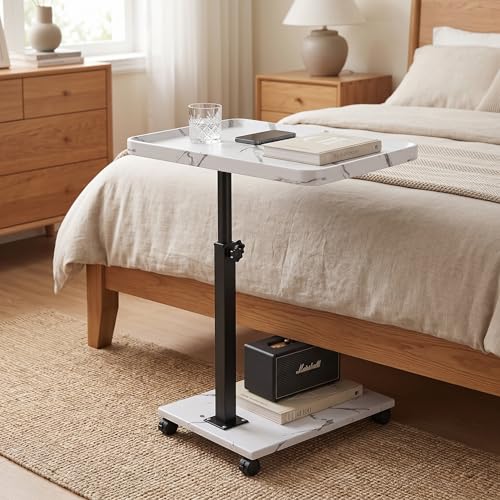 C Table End Table Adjustable Height, 360°Swivel TV Tray Table Couch Tables C Shaped Side Tables Living Room and Bedroom for Sofa, Bed,Chair (White Marble) - color: White Marble