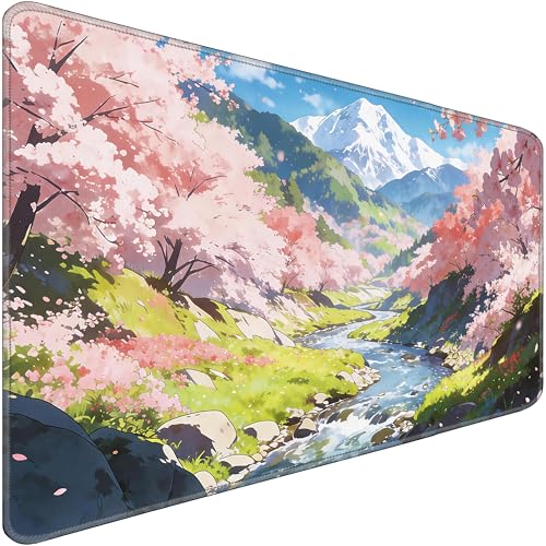 Cherry Blossom Anime Large Gaming Mouse Pad, 31.5x15.7 Inch, Non-Slip Rubber Base, Stitched Edges, Waterproof Desk Mat - color: Stream, size: 31.5" x 15.7"