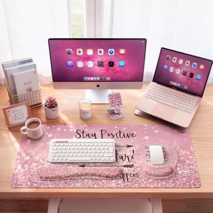 iCasso Mouse Pad,Large Pink Desk Mat Set, 4in1 XXL Mousepad + Keyboard Wrist Rest+Mouse Wrist Rest+Coaster with Ergonomic Desk Pad for Home Office Table Computer Cover -Pink Stay Positive - color: 1-Pink Stay Positive