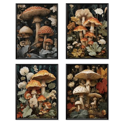 Locomiss Vintage Botanical Mushroom Cottagecore Wall Art Decor, Dark Gothic Cottagecore Whimsical Mushroom Wall Decor Posters For Room Home Bedroom Bathroom, Set of 4 (12x16 Unframed) - color: mushroom, size: 12x16 Inches