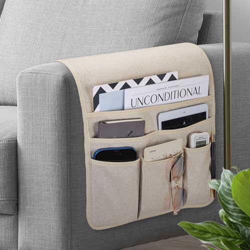 Teniux Remote Control Holder Armchair Caddy for Recliner Couch, Non-Slip Armrest Organizer with 5 Pockets for Magazine, Tablet, Phone, iPad (Beige) - color: Color F- Beige