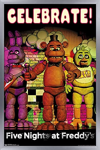 Trends International Five Nights at Freddy's - Celebrate Wall Poster, 22.375" x 34", Silver Framed Version - color: Silver Framed Version, size: 35.8"L x 24.3"W