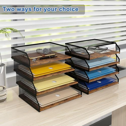 Natwind 4-Tier Stackable Metal Mesh Paper Organizer with Sliding Tray,Retro | Wooden Desk Organizer, Letter Tray For Desktop,File Holder For Home Office School Classroom Organization - size: 4 Tier