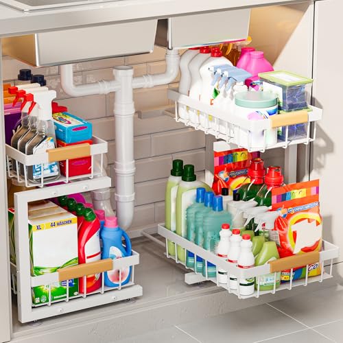 ADBIU 2 Pack Under Sink Organizers and Storage, Height Adjustable 2-Tier Pull Out Cabinet Organizer, Heavy Duty Slide Out Sink Shelf Drawer for Kitchen Bathroom Organization - color: White, size: Large Size