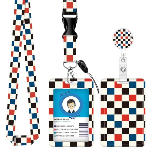 ID Badge Holder with Lanyard Fashionable ID Card Holders with Retractable Lanyards Soft Fiber Metal Clip Sturdy Buckle for Key Wallet Work Nurse Teacher (Cute Checkerboard) - color: Cute Checkerboard