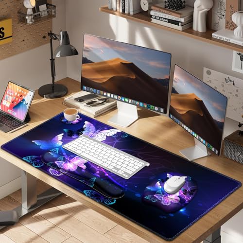 Large Mouse Pad with Wrist Support 4in1 Set, XXL Game Mousepad + Keyboard Wrist Rest+Mouse Wrist Rest+Coaster with Ergonomic Design Gaming Mat for Home Office Table Computer I Purple Butterfly - color: Purple Butterfly