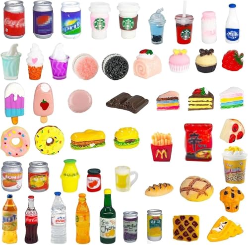 50 Pcs Miniature Food Drink Bottles Soda Pop Cans Pretend Play Kitchen Game Party Accessories Toys Hamburg Cake Ice Cream for 1/12 Doll House (25Food+25Drink) - style: 50 PLAY FOOD
