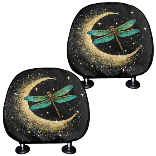 Moon Dragonfly Car Seat Headrest Covers Set 2 Pieces Cars Headrest Cover for Women Universal Head Rest Protector Covering for SUV Truck Vehicles,Easy to Install - color: Moon Dragonfly