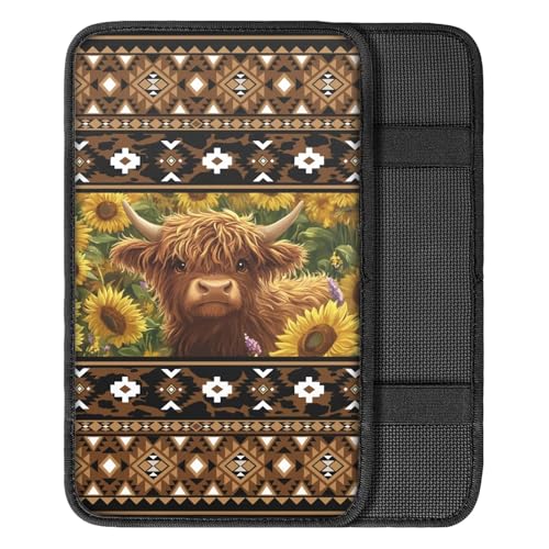 Wanyint Auto Center Console Pad, Easy to Install Armrest Cover, Car Accessories Fit Most Vehicles, SUV, Truck, Vans Sedans, Aztec Brown Highland Cow Sunflower - color: Aztec Brown Highland Cow Sunflower